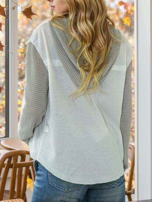 Contrast Button Up Drawstring Hooded Shirt - Trendsi - Flyclothing LLC