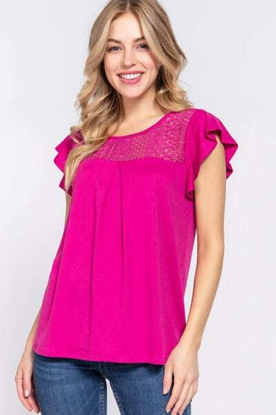ACTIVE BASIC Ruffle Short Sleeve Lace Detail Knit Top - Trendsi - Flyclothing LLC