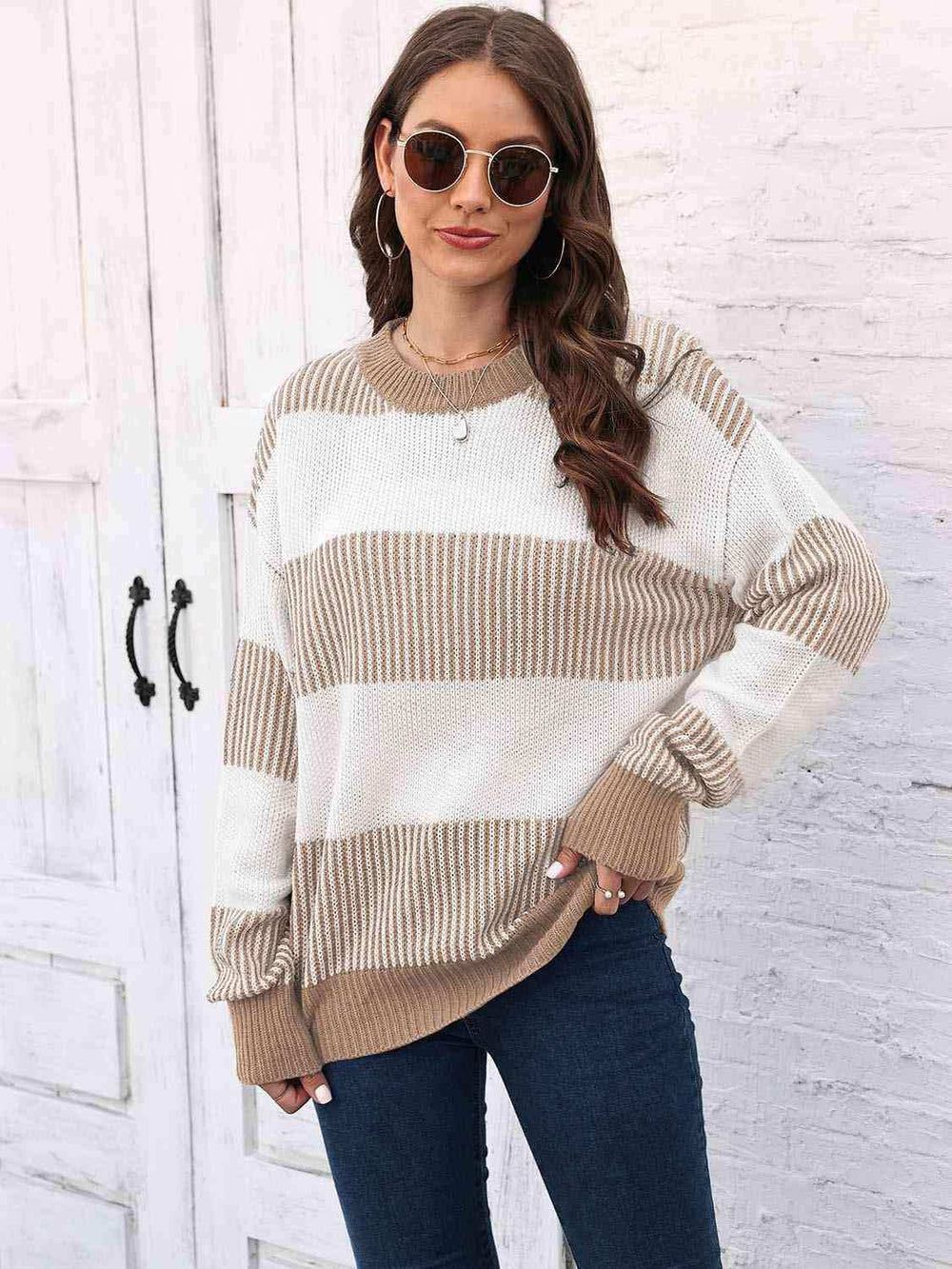 Full Size Round Neck Drop Shoulder Sweater - Trendsi - Flyclothing LLC