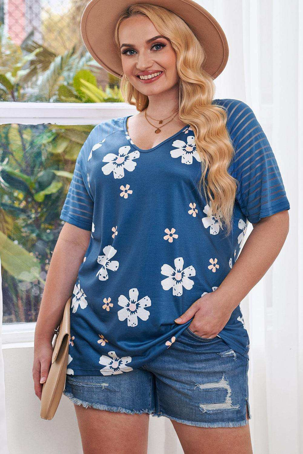 Plus Size V-Neck Raglan Sleeve Tee - Trendsi - Flyclothing LLC