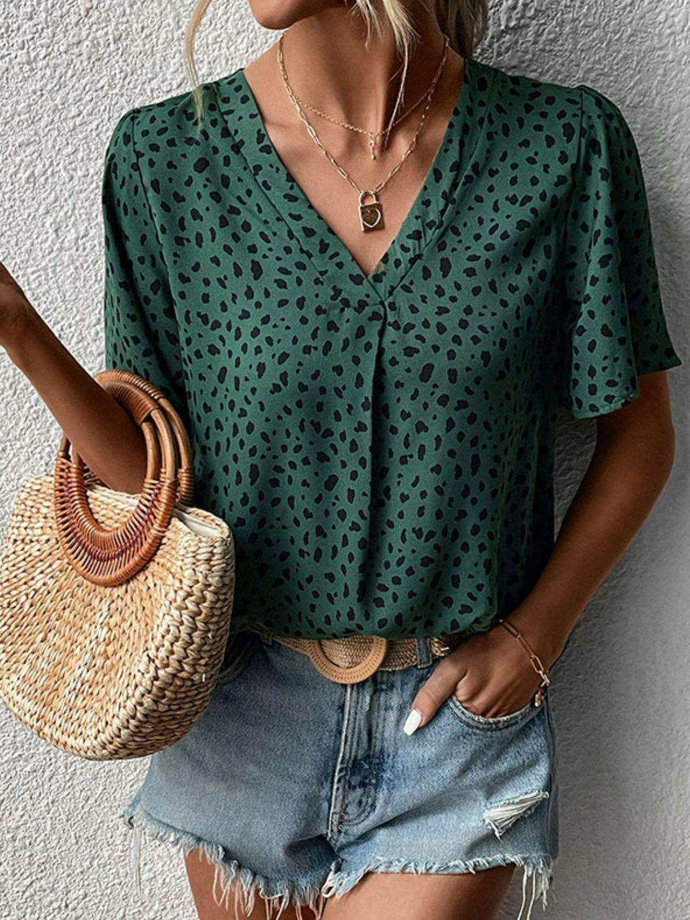 Animal Print V-Neck Flutter Sleeve Blouse - Trendsi - Flyclothing LLC