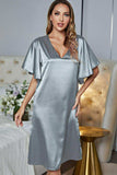 Satin Flutter Sleeve Side Slit V-Neck Night Dress - Trendsi - Flyclothing LLC