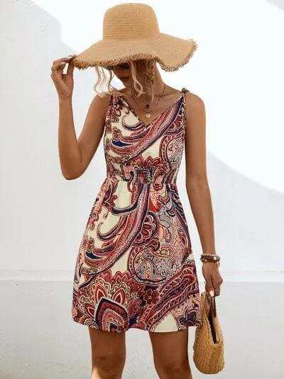 Smocked Printed V-Neck Mini Dress - Trendsi - Flyclothing LLC