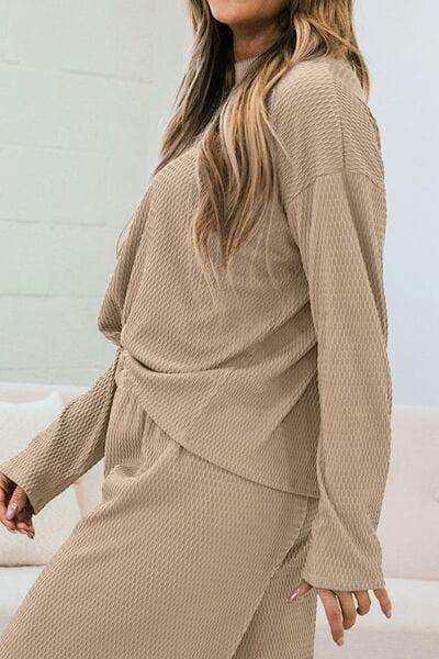 Round Neck Dropped Shoulder Top and Pants Set - Trendsi - Flyclothing LLC