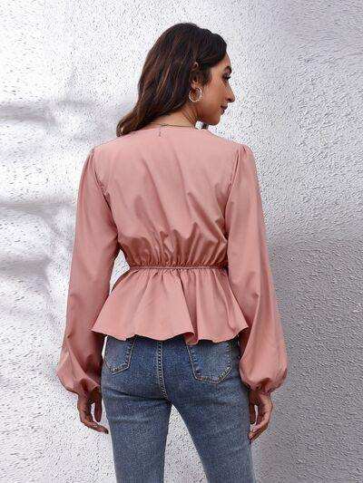 V-Neck Balloon Sleeve Peplum Blouse - Trendsi - Flyclothing LLC