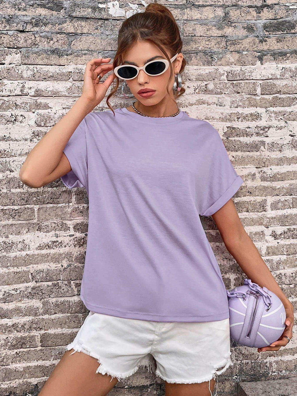 Round Neck Cuffed Sleeve T-Shirt - Trendsi - Flyclothing LLC