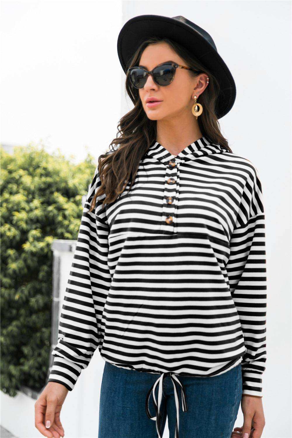 Striped Half-Button Dropped Shoulder Hoodie - Trendsi - Flyclothing LLC