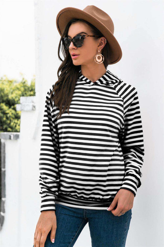 Horizontal Stripe Raglan Sleeve Hoodie - Trendsi - Flyclothing LLC