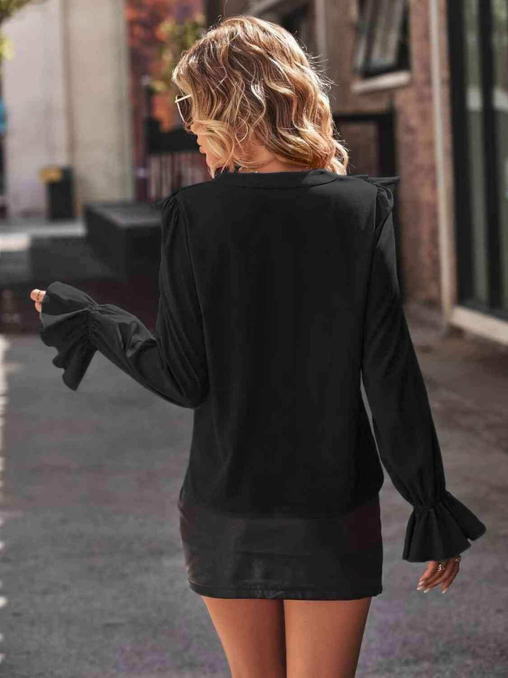 Ruffled V-Neck Flounce Sleeve Shirt - Trendsi - Flyclothing LLC