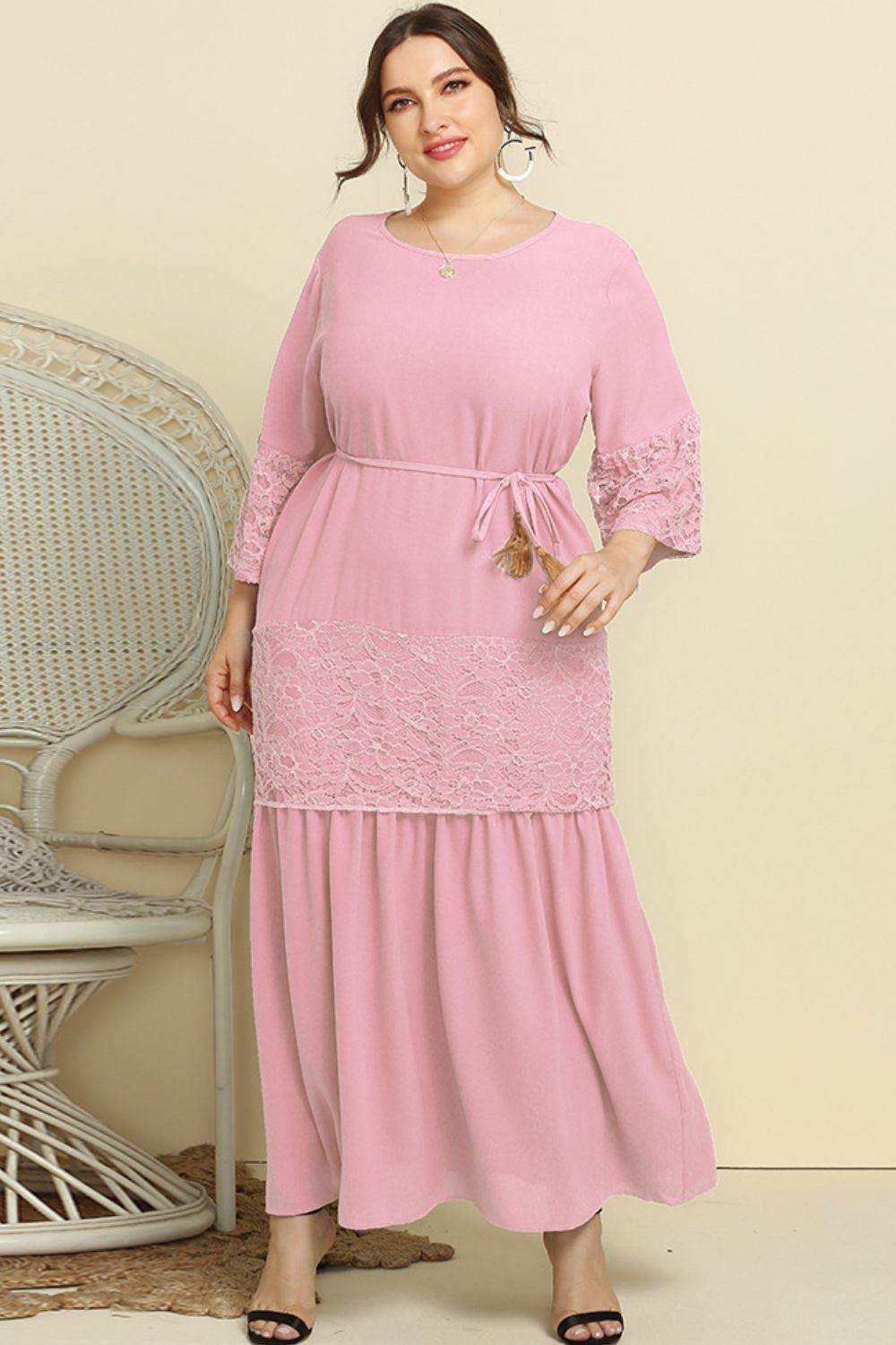Plus Size Spliced Lace Tassel Belted Dress - Trendsi - Flyclothing LLC