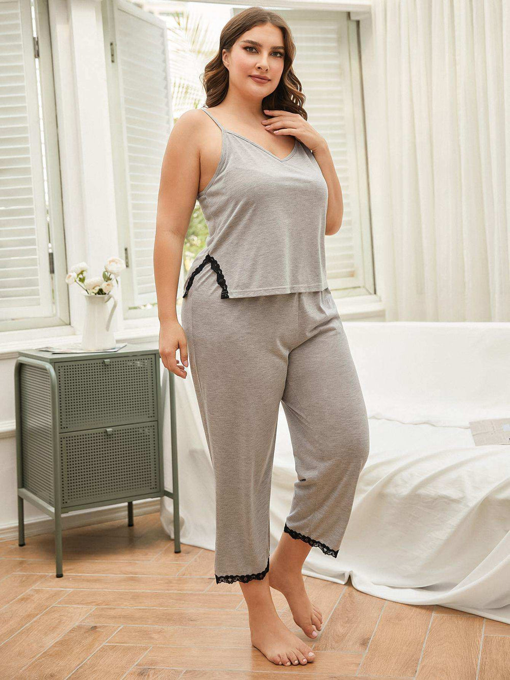 Plus Size Lace Trim Slit Cami and Pants Pajama Set - Trendsi - Flyclothing LLC