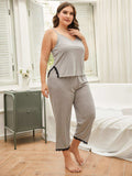 Plus Size Lace Trim Slit Cami and Pants Pajama Set - Trendsi - Flyclothing LLC