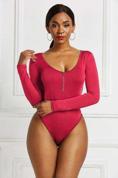 Half Zip Scoop Neck Long Sleeve Bodysuit - Trendsi - Flyclothing LLC