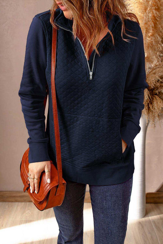 Quarter-Zip Quilted Sweatshirt with Kangaroo Pocket - Trendsi - Flyclothing LLC