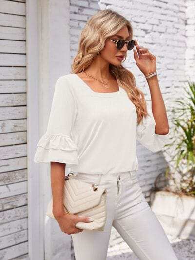 Ruffled Suqare Neck Half Sleeve Blouse - Trendsi - Flyclothing LLC