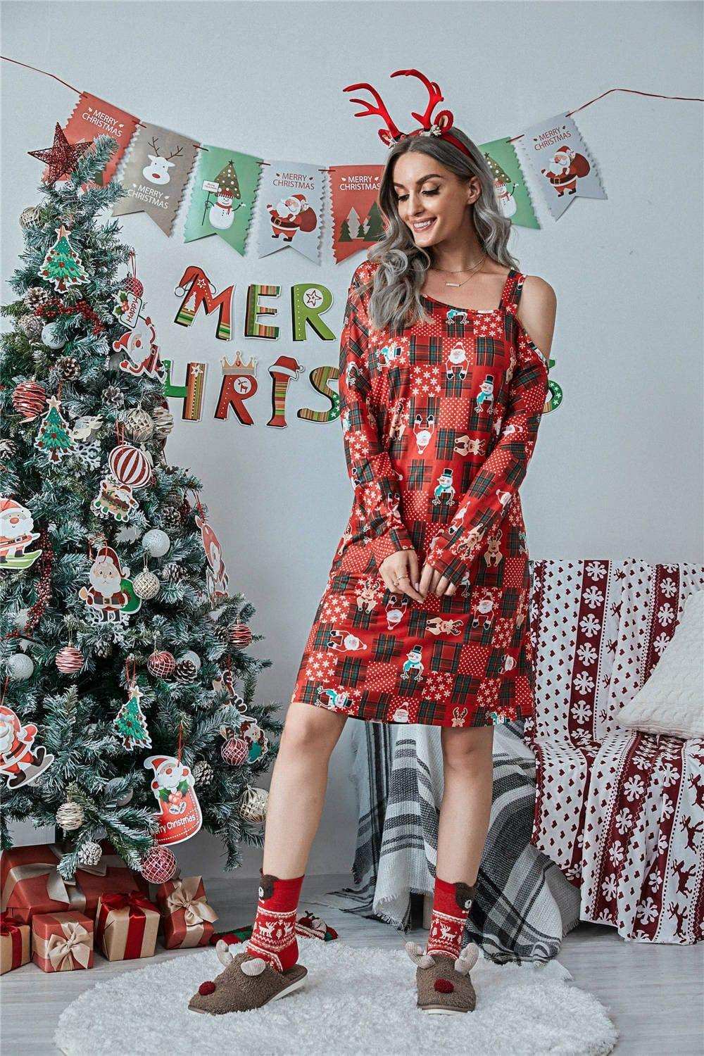 Christmas Asymmetrical Neck Long Sleeve Dress - Trendsi - Flyclothing LLC