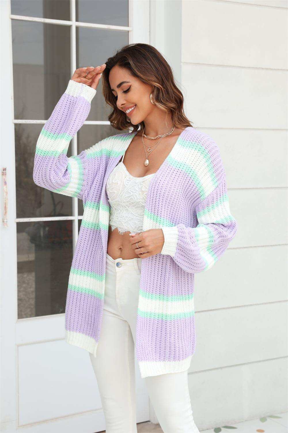 Color Block Ribbed Dropped Shoulder Open Front Cardigan - Trendsi - Flyclothing LLC