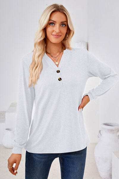 Notched Button Detail Long Sleeve T-Shirt - Trendsi - Flyclothing LLC