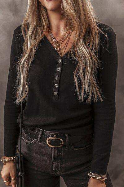 V-Neck Half Button long Sleeve T-Shirt - Trendsi - Flyclothing LLC