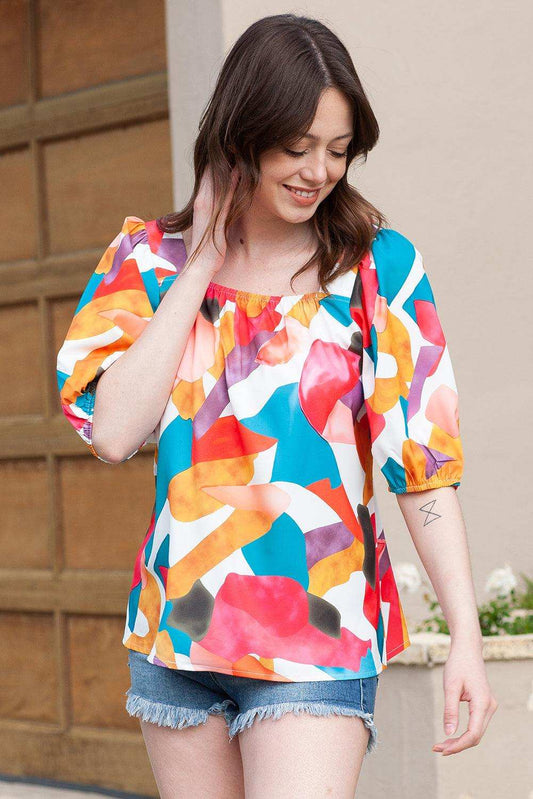 Printed Square Neck Half Sleeve Top - Trendsi - Flyclothing LLC