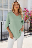 V-Neck Three-Quarter Sleeve Top - Trendsi - Flyclothing LLC
