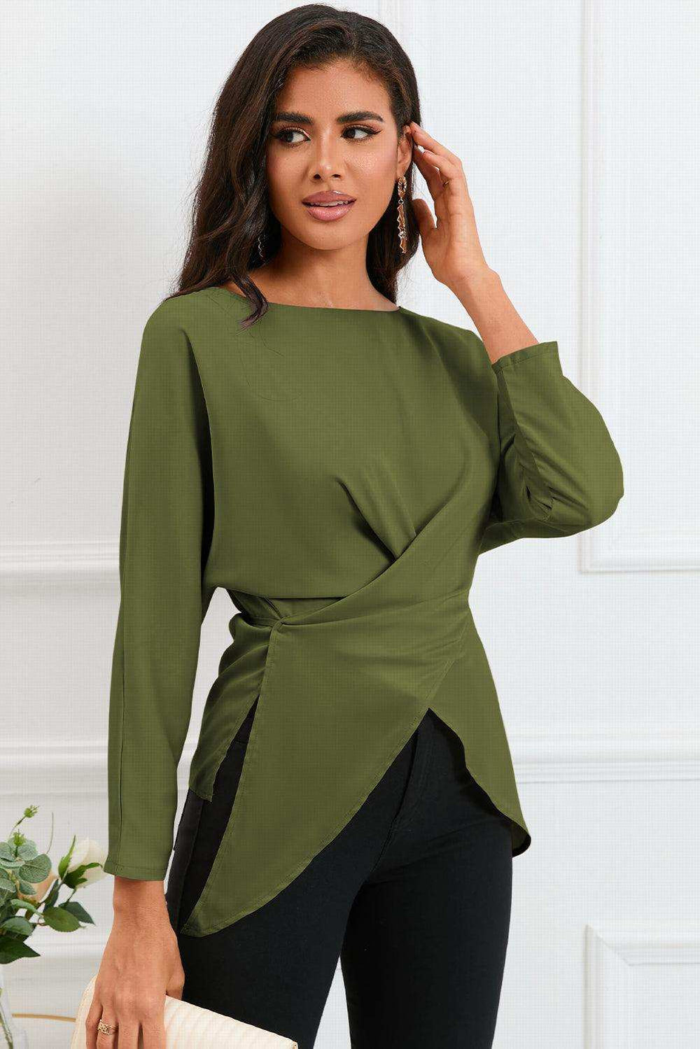 Boat Neck Back Tie Long Sleeve Satin Blouse - Trendsi - Flyclothing LLC