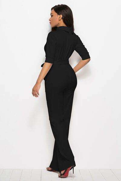Mock Neck Tie-Waist Half Sleeve Jumpsuit - Trendsi - Flyclothing LLC