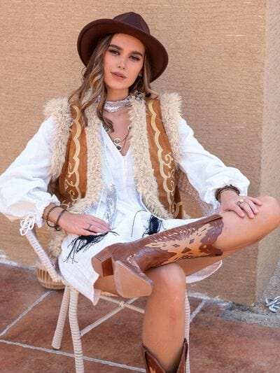 Fuzzy Open Front Vest Coat - Trendsi - Flyclothing LLC