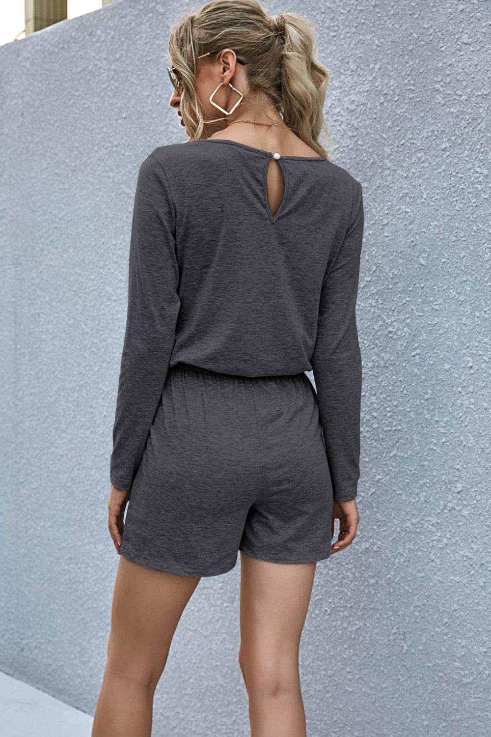 Drawstring Waist Long Sleeve Romper - Trendsi - Flyclothing LLC