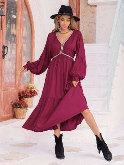 V-Neck Lantern Sleeve Ruffle Hem Dress - Trendsi - Flyclothing LLC