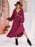 V-Neck Lantern Sleeve Ruffle Hem Dress - Trendsi - Flyclothing LLC