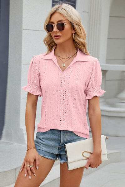 Eyelet Johnny Collar Short Sleeve Blouse - Trendsi - Flyclothing LLC