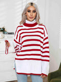Striped Slit Turtleneck Drop Shoulder Sweater - Trendsi - Flyclothing LLC