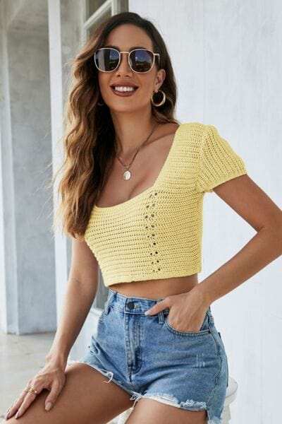 Lace-Up Openwork Square Neck Sweater - Trendsi - Flyclothing LLC