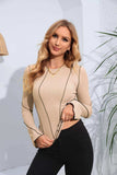 Ribbed Round Neck Long Sleeve Blouse - Trendsi - Flyclothing LLC