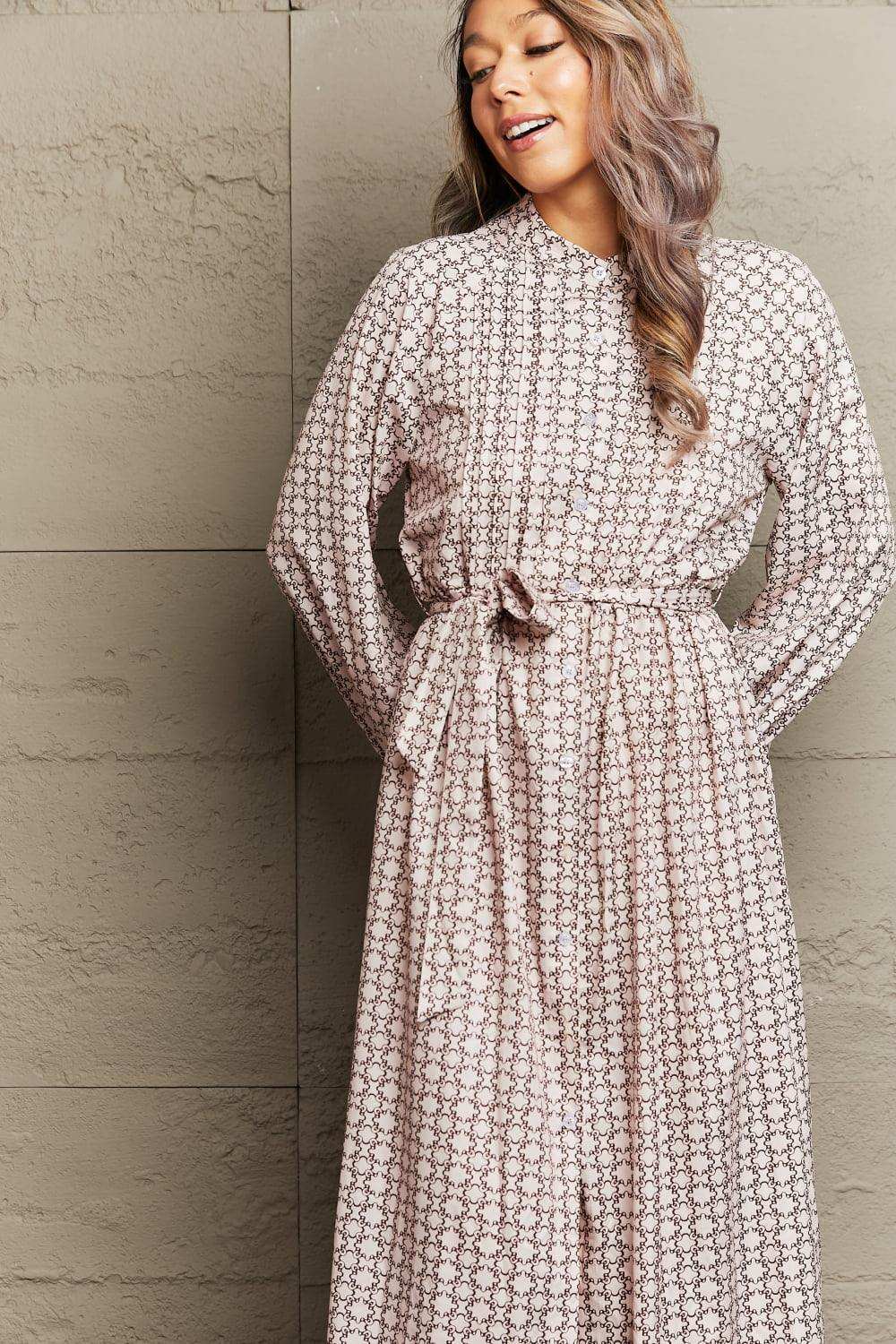 Printed Tie Waist Long Sleeve Dress - Trendsi - Flyclothing LLC