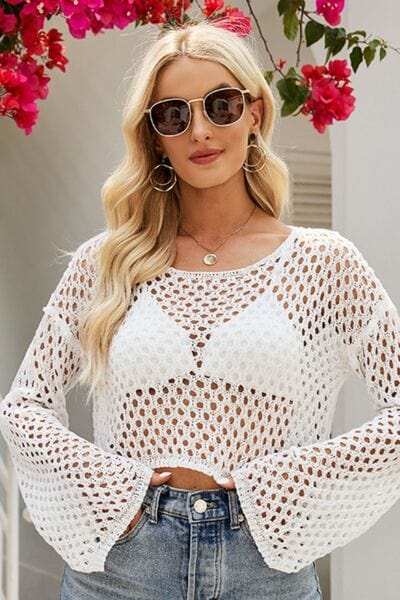 Openwork Round Neck Dropped Shoulder Knit Top - Trendsi - Flyclothing LLC