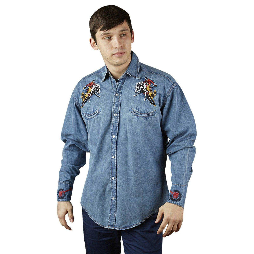 Men’s Rockmount Bronc Vintage Embroidery Western Shirt in Denim - Rockmount Clothing - Flyclothing LLC