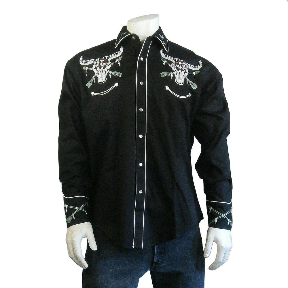 Rockmount Clothing Mens Vintage Black Steer Skull & Arrow Chain Stitch Embroidery Western Shirt - Rockmount Clothing - Flyclothing LLC