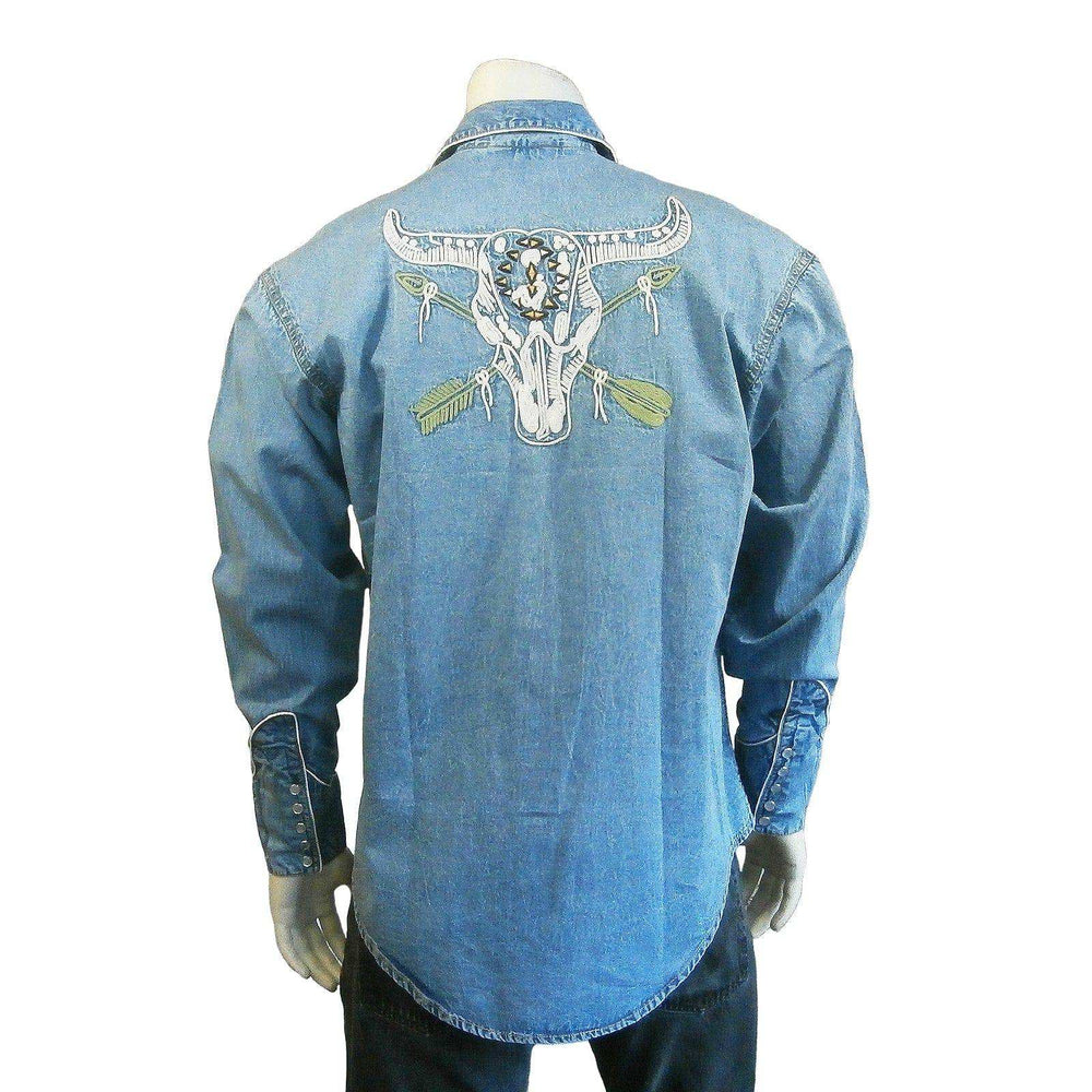 Rockmount Clothing Mens Vintage Denim Steer Skull & Arrow Chain Stitch Embroidery Western Shirt - Rockmount Clothing - Flyclothing LLC