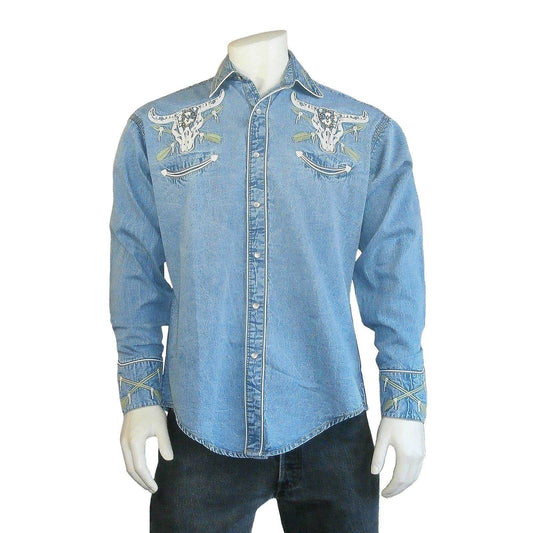 Rockmount Clothing Mens Vintage Denim Steer Skull & Arrow Chain Stitch Embroidery Western Shirt - Rockmount Clothing - Flyclothing LLC