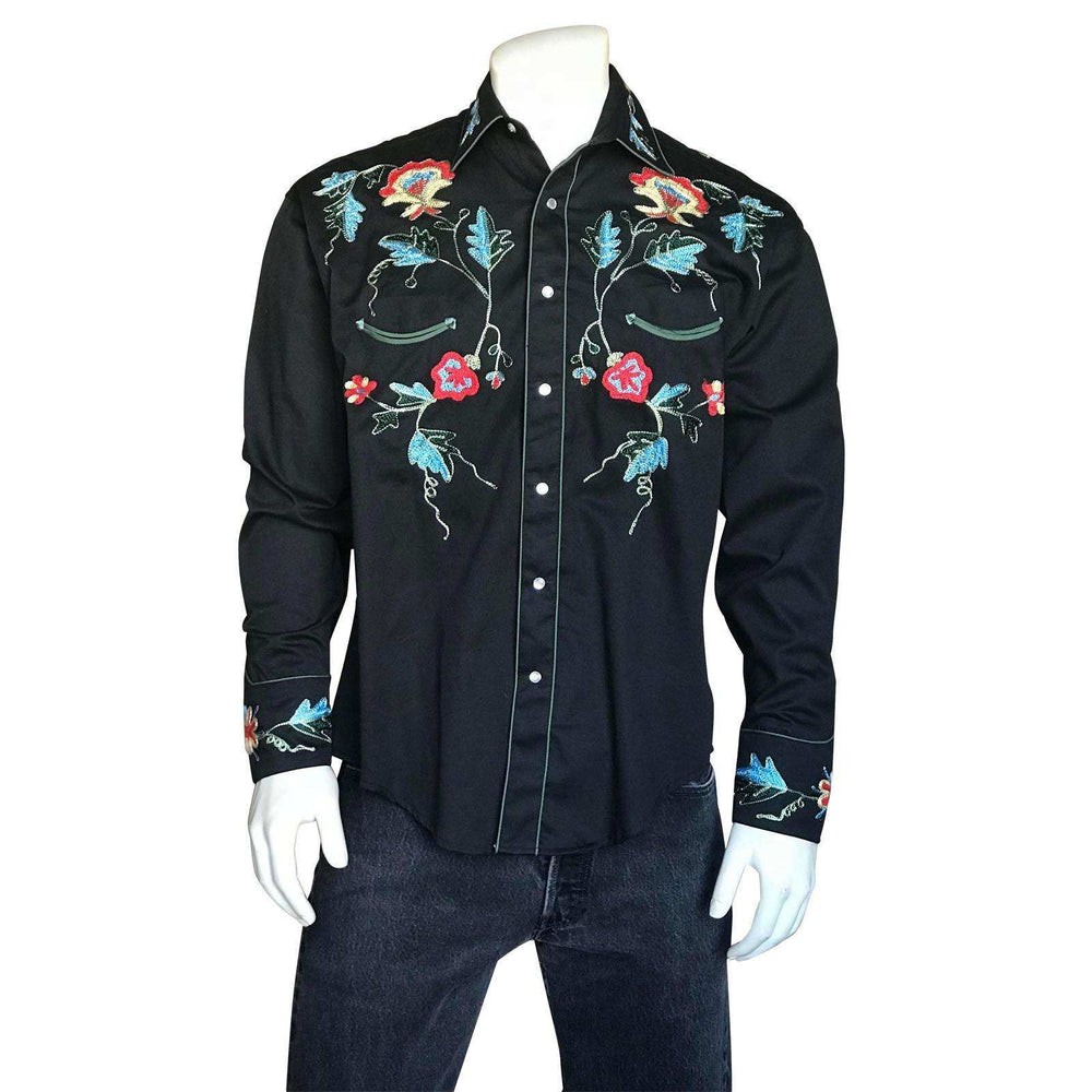 Men's Floral Embroidery Cotton Gabardine Black Western Shirt - Rockmount Clothing - Flyclothing LLC