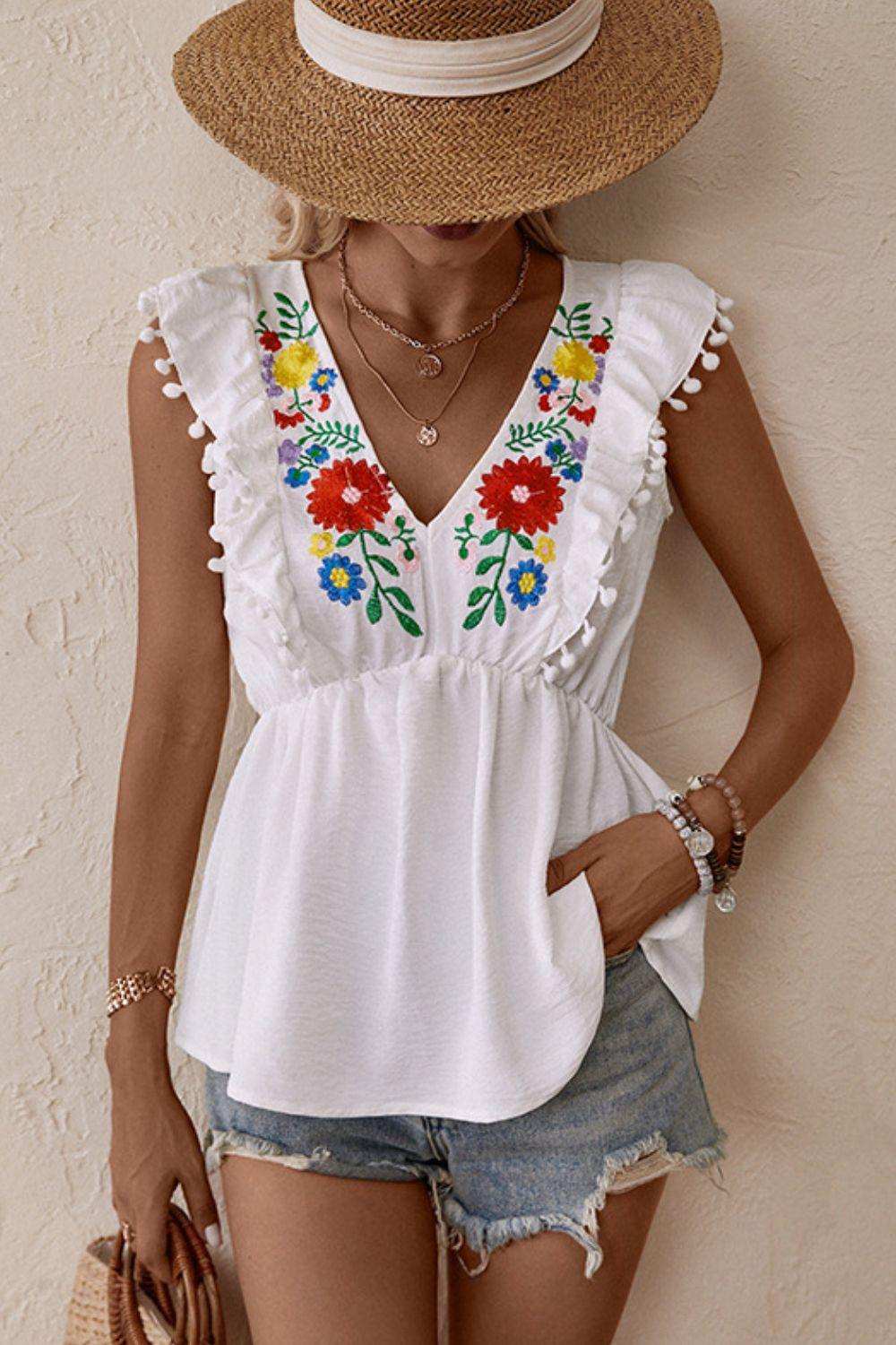 Embroidered Pom-Pom Trim Cap Sleeve Babydoll Top - Trendsi - Flyclothing LLC