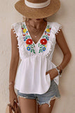 Embroidered Pom-Pom Trim Cap Sleeve Babydoll Top - Trendsi - Flyclothing LLC
