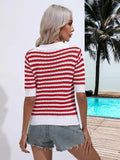 Striped Johnny Collar Half Sleeve Knit Top - Trendsi - Flyclothing LLC