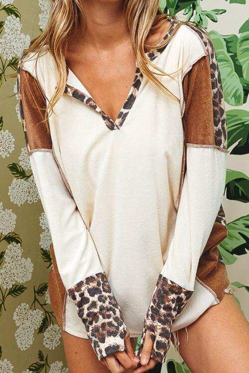 Leopard V-Neck Dropped Shoulder Blouse - Trendsi - Flyclothing LLC