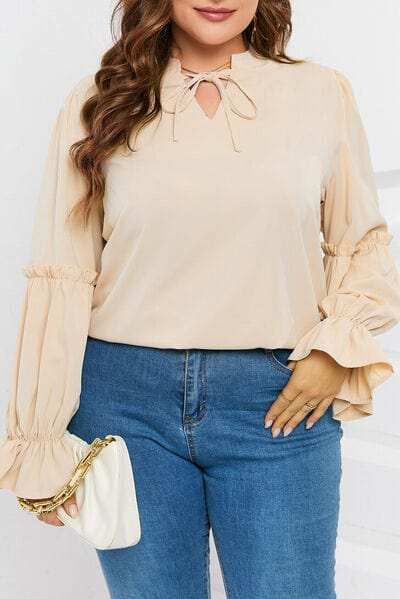 Plus Size Ruffled Tie Neck Flounce Sleeve Blouse - Trendsi - Flyclothing LLC