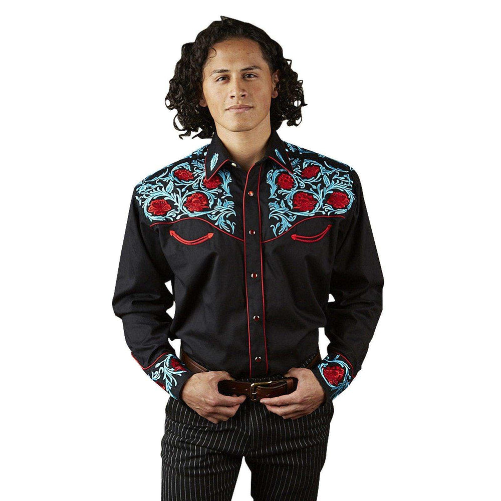 Rockmount Men’s Black Vintage Western Shirt with Red Floral & Turquoise Embroidery - Rockmount Clothing - Flyclothing LLC