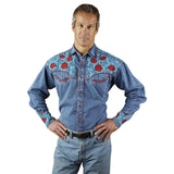 Rockmount Ranch Wear Mens Denim Vintage Shirt with Red Floral & Turquoise Embroidery - Rockmount Clothing - Flyclothing LLC