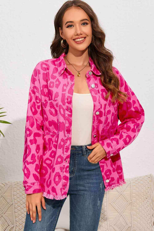Leopard Raw Hem Jacket - Trendsi - Flyclothing LLC